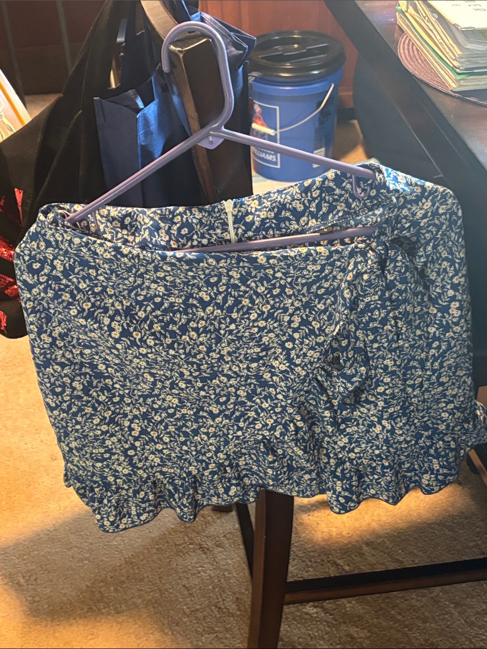Large Blue Floral Ruffle Mini Skirt
